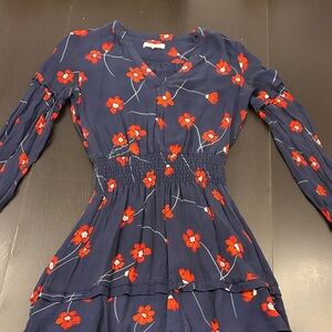 Navy Floral V-Neck Dress with Red Flower Print